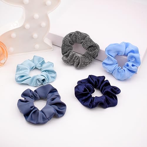 BEGOOD Scrunchies for Women's Hair Scrunchies Hair Scrunchy Elastic Hair Ties Hair Scrunchie Bobbles Hair Bands Ponytail Holder Hair Accessories 5Pcs Blue Set