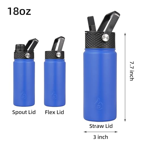 BJPKPK Insulated Water Bottles with Straw Lid, 18oz Stainless Steel Metal Water Bottle, Cold & Hot Water Bottle with 3 Lids, Leak Proof BPA Free Travel Cup, Wide Mouth Flasks, Thermos -Sapphire