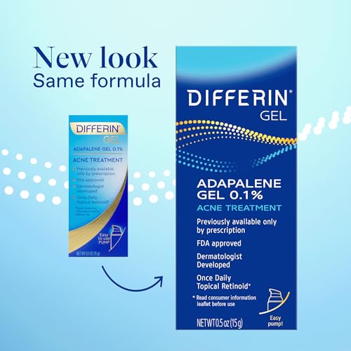 Differin Acne Treatment Gel, 30 Day Supply, Retinoid Treatment for Face with 0.1% Adapalene, Gentle Skin Care for Acne Prone Sensitive Skin, 15g Pump