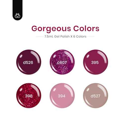 beetles Burgundy Gel Polish Set - Berry Merlot 6 Colors Plum Gel Polish, Cherry Mocha Red Glitter Fall Winter Dark Purple Wine Nails Color, U V LED Soak Off Home DIY Manicure Nail Salon