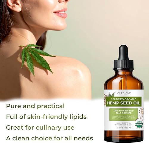 velona Hemp Seed Oil USDA Certified Organic - 4 Fl Oz | 100% Pure and Natural Carrier Oil | Unrefined, Cold Pressed | Hair, Body, Face & Skin Care