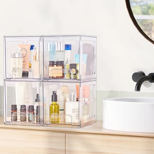 SMARTAKE 4 Pack Stackable Makeup Organizer Drawers, Acrylic Bathroom Organizers, 6.6'' Tall Clear Plastic Storage Drawers for Vanity, Undersink, Kitchen Cabinets, Skincare, Pantry Organization