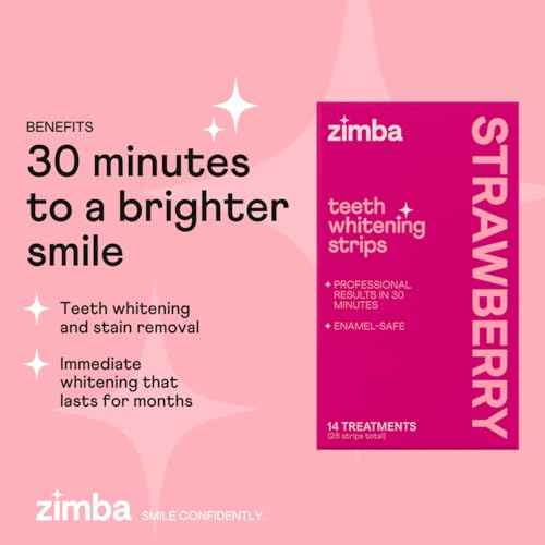 Zimba Strawberry Flavored Teeth Whitening Strips | Vegan, Enamel Safe Hydrogen Peroxide Teeth Whitener for Coffee, Wine, Tobacco, and Other Stains | 14 Day Treatment | Strawberry
