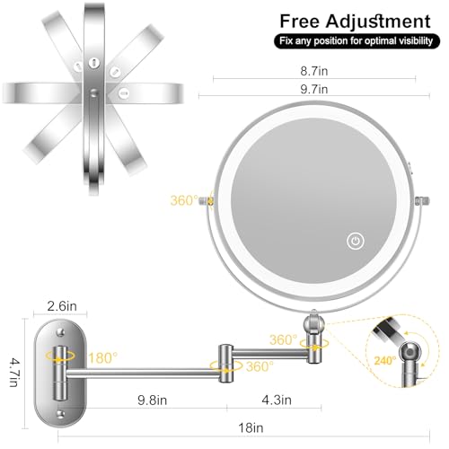 Wall Mounted Lighted Makeup Mirror - 9" Dual-Sided 1X/10X Magnification