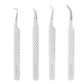 Fiber Tip Lash Tweezers for Eyelash Extensions with Diamond Grip, Set of 4 Precise Tips Japanese Steel for Classic, Volume & Mega Volume Lashes, Ideal Tweezers Set for Lash Artists (4, White)