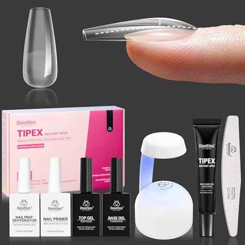 Beetles Tipex Pre-Building Instant Apex Nail Tips Kit ? Coffin Medium, 224PCS in 16 Sizes | Pre-Etched, Thick Full Cover Acrylic Tips with Nail Glue, Dehydrator, Primer, Base & Top Coat, Mini UV Lamp