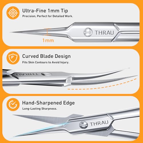 THRAU Extra Fine Cuticle Scissors - Stainless Steel Precision Nail Trimmer