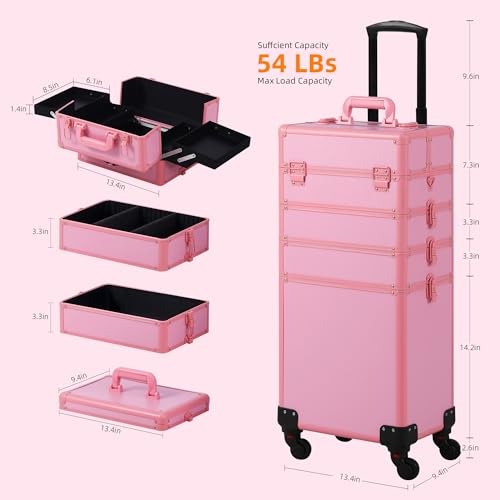 Somduy Rolling Makeup Train Case with Detachable Compartments, Pink