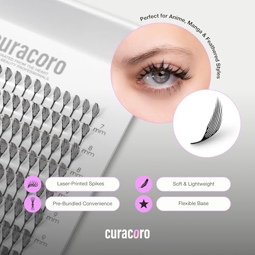 Curacoro Anime Feather Spike Lash Extensions ? 360 Fans Lightweight and Defined Laser-Printed Premade Lash Spikes, Anime Lashes LC Curl 7?13mm for Professionals