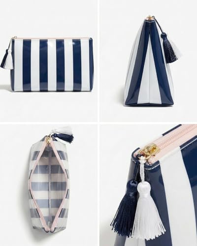 Navy Blue Striped Waterproof Cosmetic Bag | Beach Travel Pouch