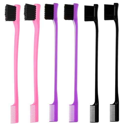 6Pack Double Sided Edge Control Hair Brush Professional Edge Control Hair Brush Comb Set, Dual-Sided Bristle Design, Pink Purple Black