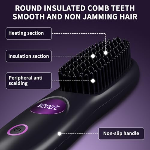 Cordless Portable Hair Straightener Brush with LCD Display & 3 Heat Settings