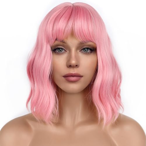 Pastel Pink Bob Wig with Bangs Loose Wavy Synthetic