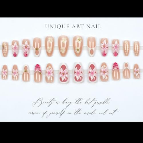 Medium Almond French Tip Press on Nails with 5D Flower Design - 24 Pcs