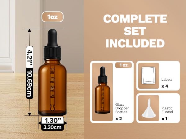 2 Pack 1 oz Amber Glass Dropper Bottles with Funnel & Labels