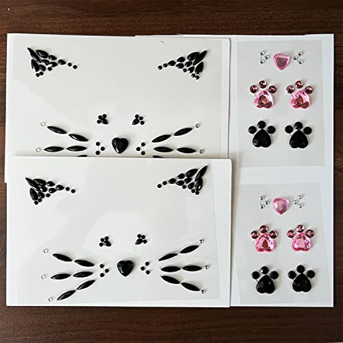 Crystal Cat Face Jewels Gems Sticker Tattoo - 4 Sheet Set