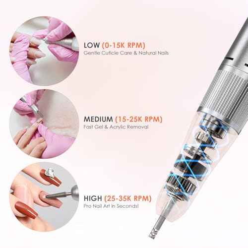 Delanie Electric Nail Drill Machine 35000 RPM, E File for Nails Professional with Magnetic Handpiece Holder, Rechargeable Electric Nail File with 7 bits & 36 Sanding Bands for Manicure Pedicure