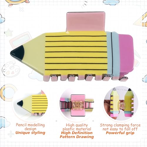 Back to School Hair Clips Yellow Pencil Hair Claw Clip Funny School Hold Hair Jaw Clips for Teachers Students Teachers Thick Hair Accessories for Girls Women (01-Yellow)