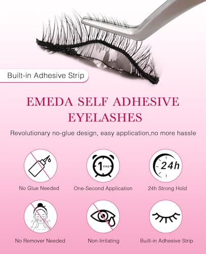 EMEDA Self-Adhesive Eyelashes - 10mm Wispy Cat Eye Lashes, No Glue
