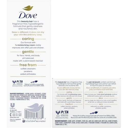 Dove Beauty Bar, Bulk Soap, Sensitive Skin 8-Packs (x2) + Single Bar with Moisturizing Cream for Soft, Smooth Skin