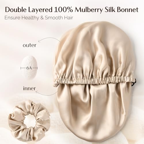 YANIBEST 22 Momme 100% Mulberry Silk Sleep Cap Silk Bonnet for Women - Sleeping Cap Hair Bonnet & Scrunchie Champagne