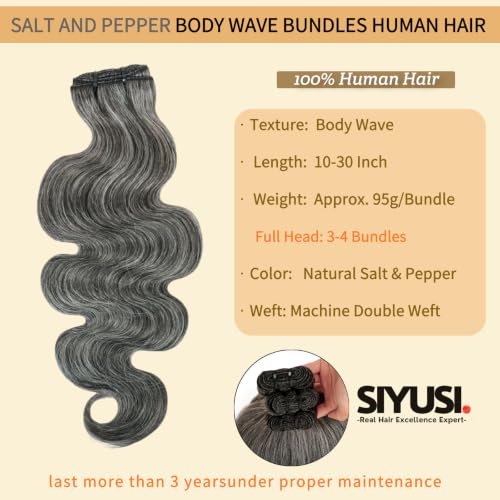SIYUSI Gray Human Hair Extensions 12 Inch Wavy Curly Salt & Pepper Bundles
