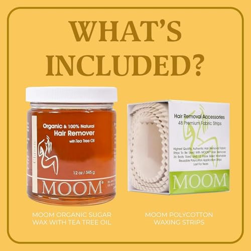 MOOM Organic Sugar Wax with Tea Tree Oil (12 oz) + 48 Reusable Polycotton Waxing Strips ? Gentle Hair Removal Kit for Face, Bikini, Legs & Body ? Natural & Vegan for Women & Men (Sticks NOT Included)