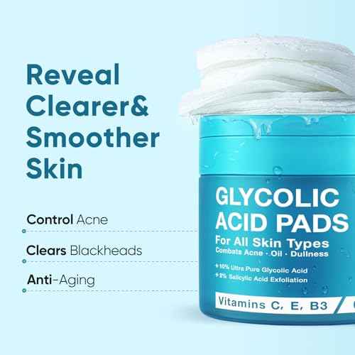 Elvira Glycolic Acid Exfoliating Facial Pads With 10% Glycolic Acid, 2% Salicylic Acid & Niacinamide - 60 Toner Pads, Daily Peel Treatment for Acne Prone Sensitive Skin