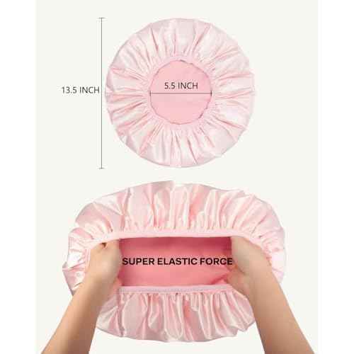 Aquior Shower Cap,Triple Layer Shower Cap for Women, Reusable Waterproof Bath Cap,Silky Satin Outer Layer Terry Lining, Extra Large for Women Long Hair(Pink)