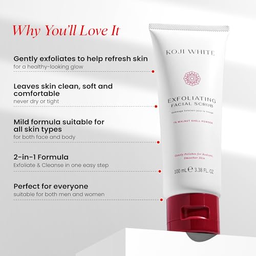 Koji White Exfoliating Facial Scrub | Kojic Acid Face Wash, Gentle Daily Scrubber & Exfoliator for Radiant with 1% Walnut Shell, AHA, Hyaluronic Acid for Uneven Skin Tone, Vegan Skincare, 3.38 Fl Oz