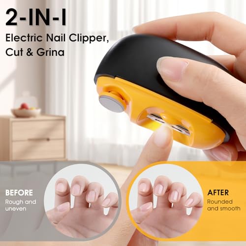 Electric Nail Clipper - 2 in 1 Smart Electric Nail Clippers for Seniors, Adults, Baby, Children, Polishing Clipper with LED Light, 2 Adjustable Speeds, USB Rechargeable Electric Nail Trimmer (Black)