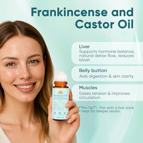 Frankincense and Castor Oil, Castor Oil Roll On with Rose Quartz, 100% Pure, Organic, Cold-Pressed, Firms Skin, Reduces Fine Lines & Hormone Balance, Suitable for Face, Neck, Abdomen, 50ML/1.7OZ (1)