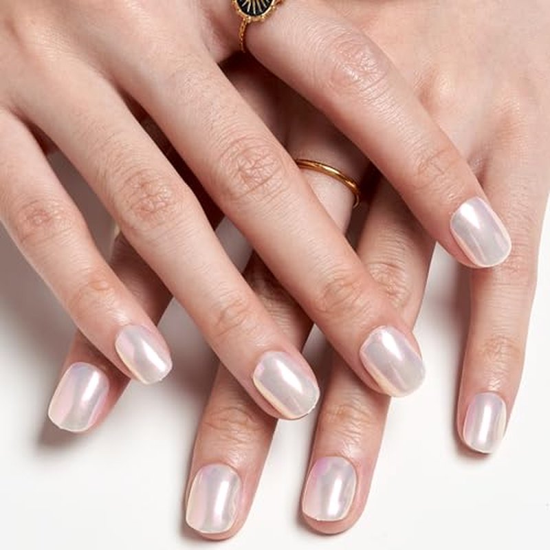 GLAMERMAID Pure White Pearl Chrome Short Press-on Nails