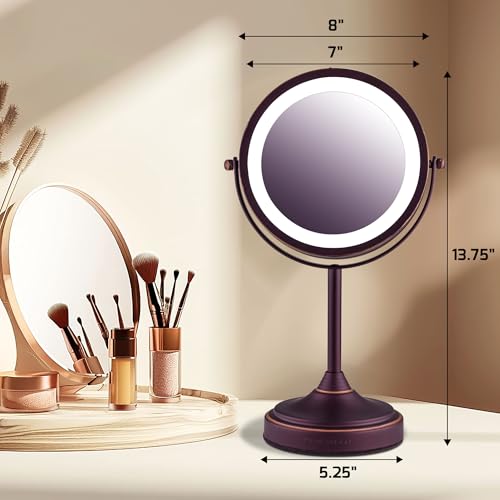 OVENTE 7'' Lighted Makeup Mirror with 1X/7X Magnification, Cordless Tabletop Mount Vanity Mirror with 360¡Æ Swivel Design & Double Sided Glow Cosmetic White LED Ring Light, Antique Bronze MCT70ABZ1X7X