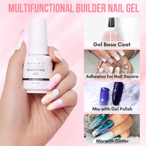 Makartt Nail Art Brushes,Liner for Nails, 5pcs, 7/9/11/15/25mm Bundle with Makartt Builder Nail Gel 15ml 5 in 1 Multifunctional Clear Gel Nail Polish