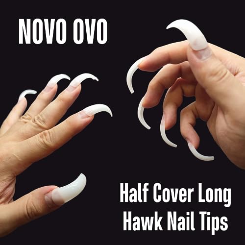 NOVO OVO 500 pcs Hawk Curved Natural Extra Super Extreme Deep Curve Half Cover Medium/Long Tapered Square Eagle Claw False Nail Extension Tips Acrylic Nail 10 Sizes Box Packaging for Halloween