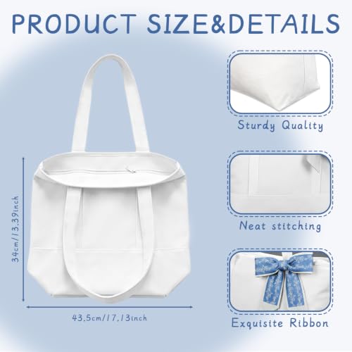 8 Pack Large Canvas Tote Bags with Zipper - Blue & White