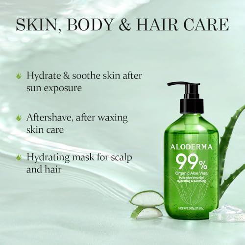 Aloderma Aloe Vera Gel 17.6oz - Organic, Non-Sticky for Face & Hair