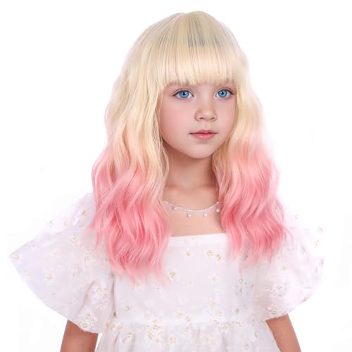 Edivd Blonde Ombre Pink Kids Wigs Short Curly Synthetic Wig with Air Bangs & Adjustable Cap