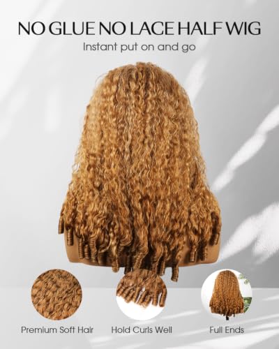 Honey Blonde Burmese Curly Human Hair Half Wig 18 Inch with Drawstring