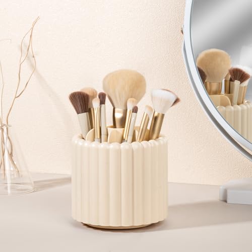 Rotating Makeup Brush Holder Organizer - 7 Slots, Beige