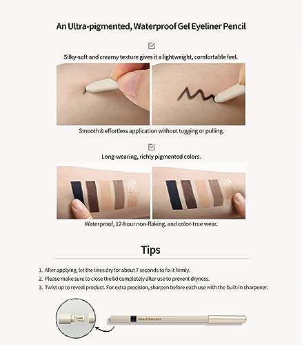 Heart Percent Dote On Mood Gel Eyeliner Pencil, Long-Lasting Waterproof Smudge Proof Smooth Retractable Eye Liner Pencil with Built-In Sharpener (02. Natural Brown)