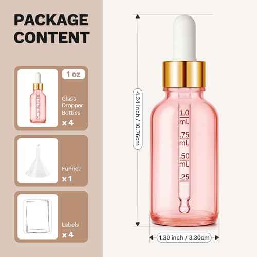 Bumobum 1 oz Dropper Bottle, Pink Glass Dropper Bottle with Measured Dropper & Golden Cap, Empty Eye Tincture Bottles with Funnel & Labels for Essential Oils Serums Tavel Liquids, 4 Pack