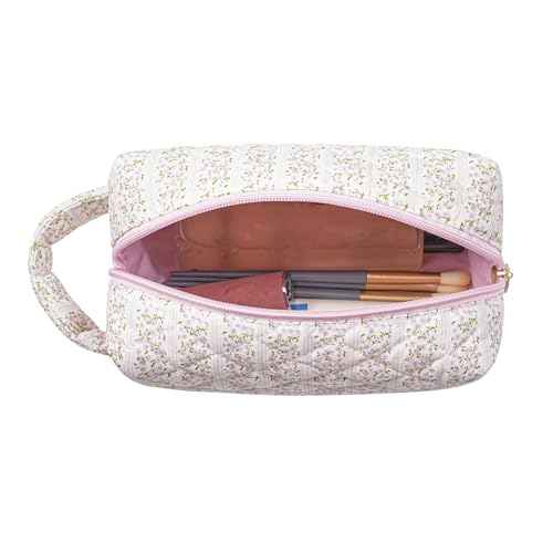 Makeup Bag Travel Cosmetic Bag for Women, Zipper Make Up Pouch, Floral Flowers Toiletry Organizer Makeup with Handle, Cosmetic Travel Cloth Bag (Pink Floral)