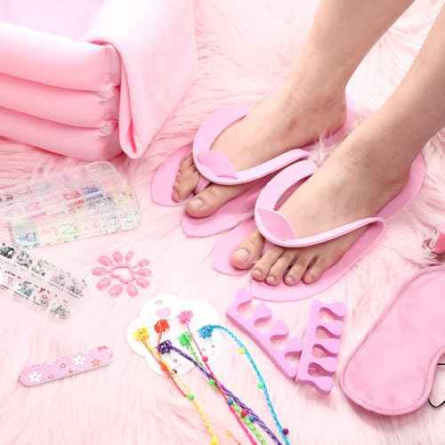 85 Pcs Spa Kit for Girls Nail Art Kit Sleepover Party Supplies with 12.5 x 12.5 in Inflatable Foot Tubs Foot Bath Towel and Basket DIY Manicure Pedicure Set for Slumber Party (Pink)