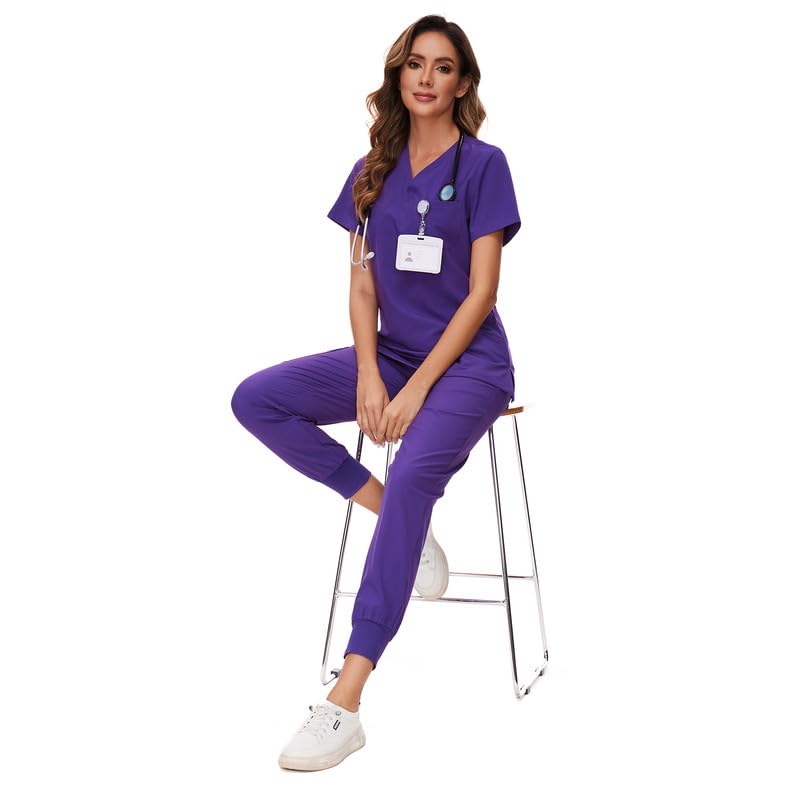 COZYFIT Scrubs for Women Set - Stretch V-Neck Scrub Top & Jogger Pant with 8 Pockets, Yoga Waistband, Anti Wrinkle, Slim Fit Women Scrubs