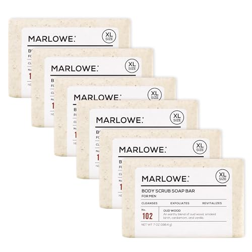MARLOWE. No. 102 Body Scrub Soap 7 oz (6 Bars), Oud Wood, Exfoliating Soap Bar with Shea Butter, Olive Oil & Green Tea Extracts, Cleanses, Smooths & Revitalizes Skin, Earthy & Smoky Scent