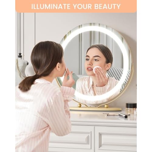 Vanity Mirror with Led Lights, 19 Inches Touch Control 3 Color 2024 New Dimmable Makeup Mirror, 360¡ÆRotation Round Desk Mirror, Easy to Assemble (Gold)