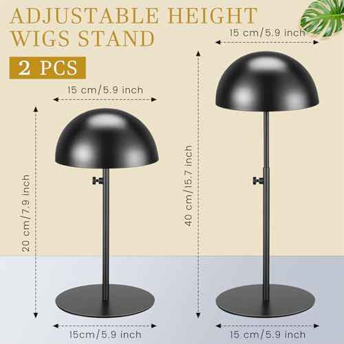Sintuff 2 Pcs Hat Display Stand 7.9-15.7 Inch Adjustable Hat Holder Sturdy Wigs Head Stand Anti-rust Non-slip Stable Stainless Steel Metal Hat Rack for Multiple Hats Storage Wig(Black,Round Base)