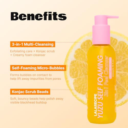 LALARECIPE Yuzu Self-Foaming 3-in-1 Facial Cleanser ? Korean Daily Face Wash with AHA BHA PHA for Gentle Exfoliation and Pore Care ? Hydrating Cleanser for Dry and Sensitive Skin (200ml/ 6.6 fl oz)